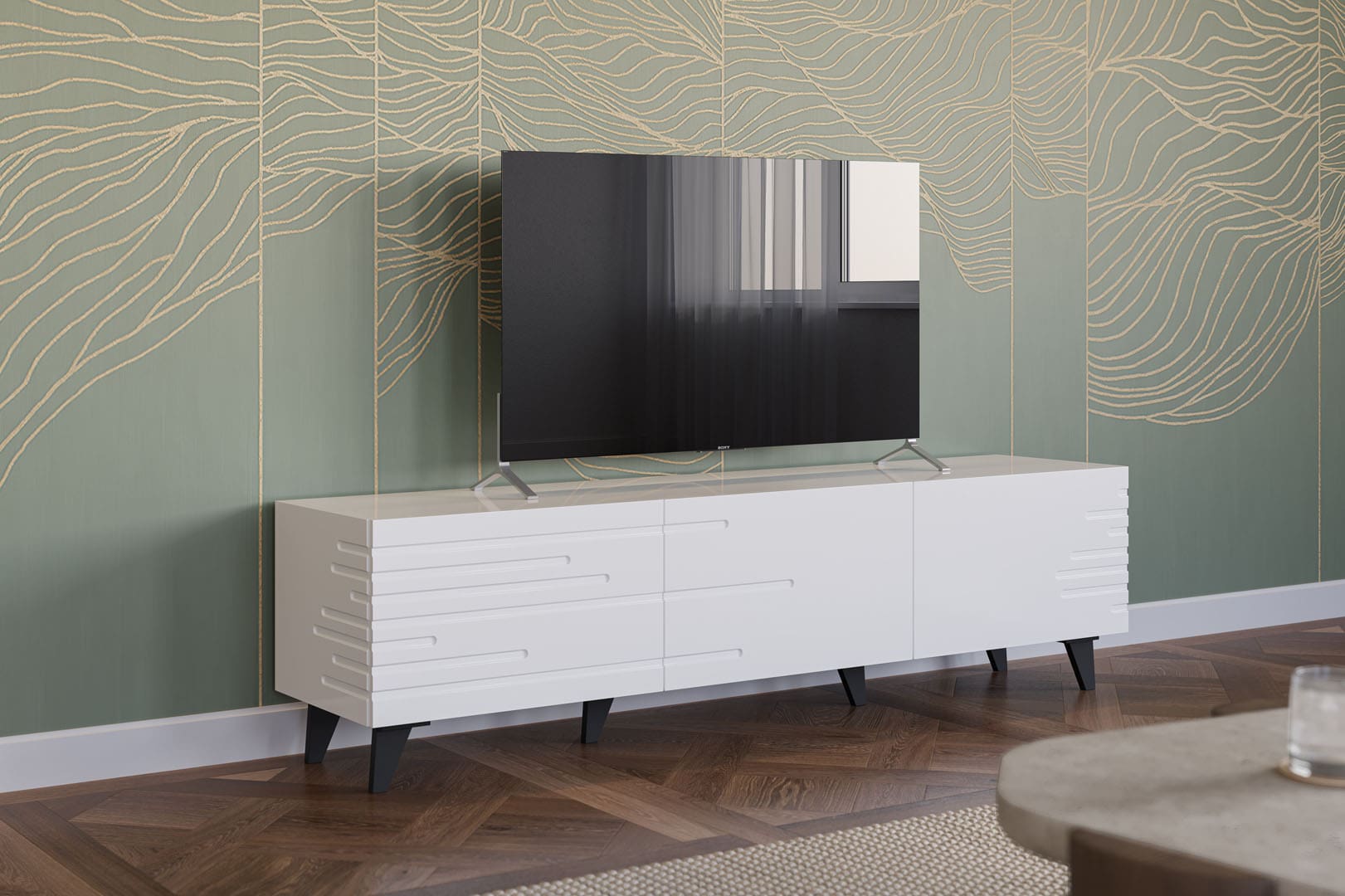 Λευκό ξύλινο κομψό έπιπλο τηλεόρασης